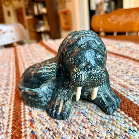 Vintage Wolf Sculptures Hand Carved Canadian Soap Stone Walrus