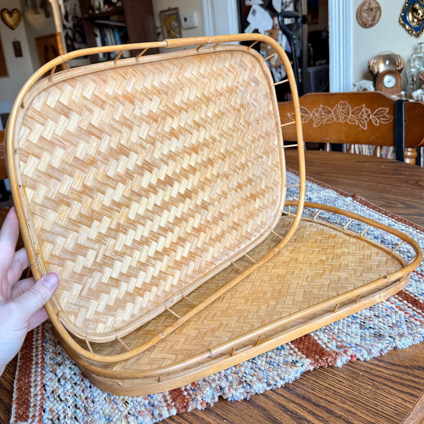 ONE - Vintage Mid-Century Modern Woven Bamboo Basket Serving / Trinket Tray
