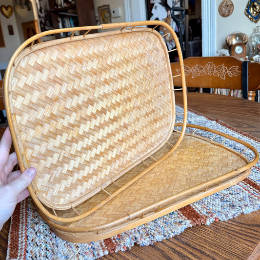 ONE - Vintage Mid-Century Modern Woven Bamboo Basket Serving / Trinket Tray