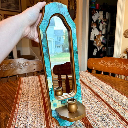 Vintage Gold and Floral Turquoise Homco / Burwood Style Wall Sconce Mirror