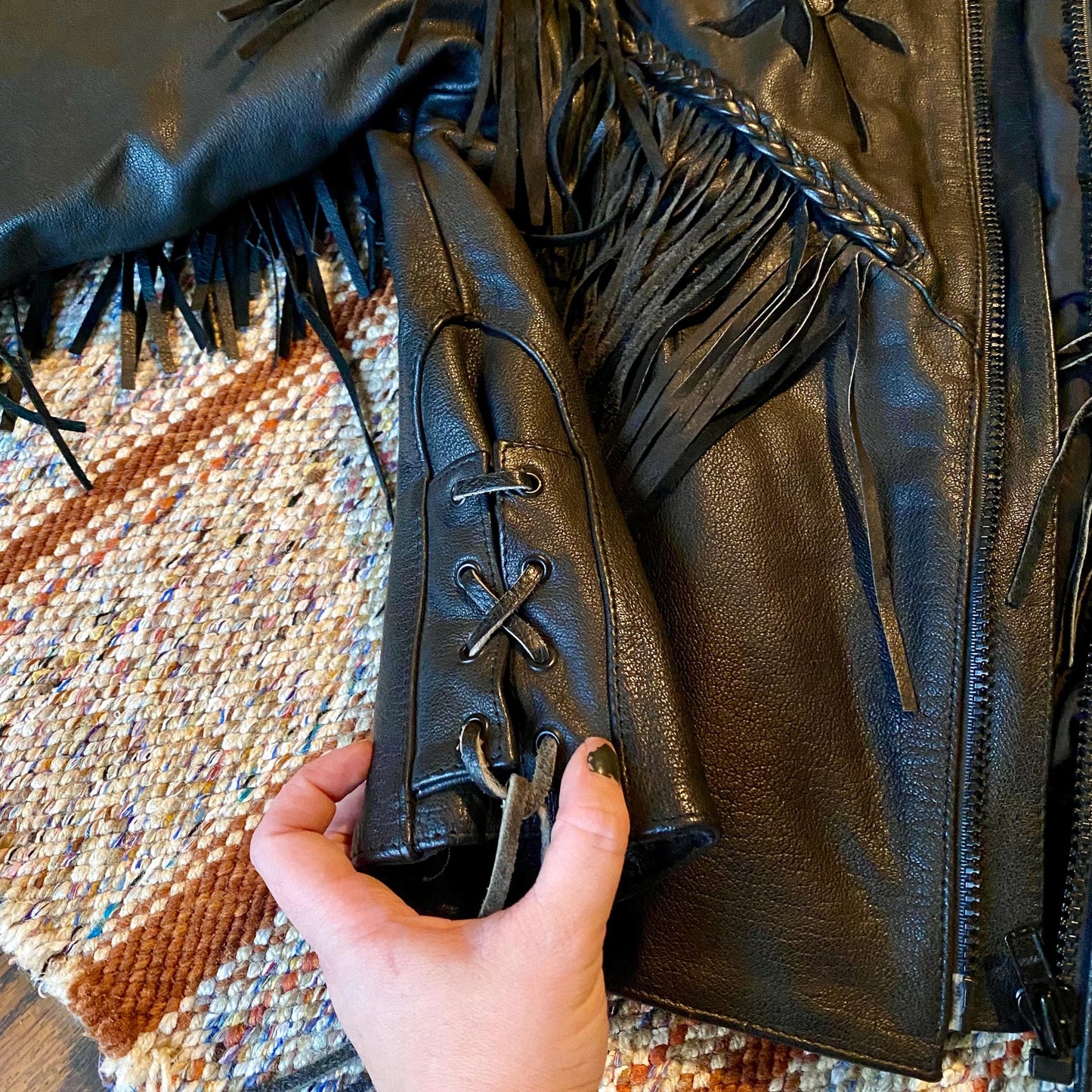 Vintage Barney’s Heavy Black Leather Biker Jacket with Fringe and Rose Accents