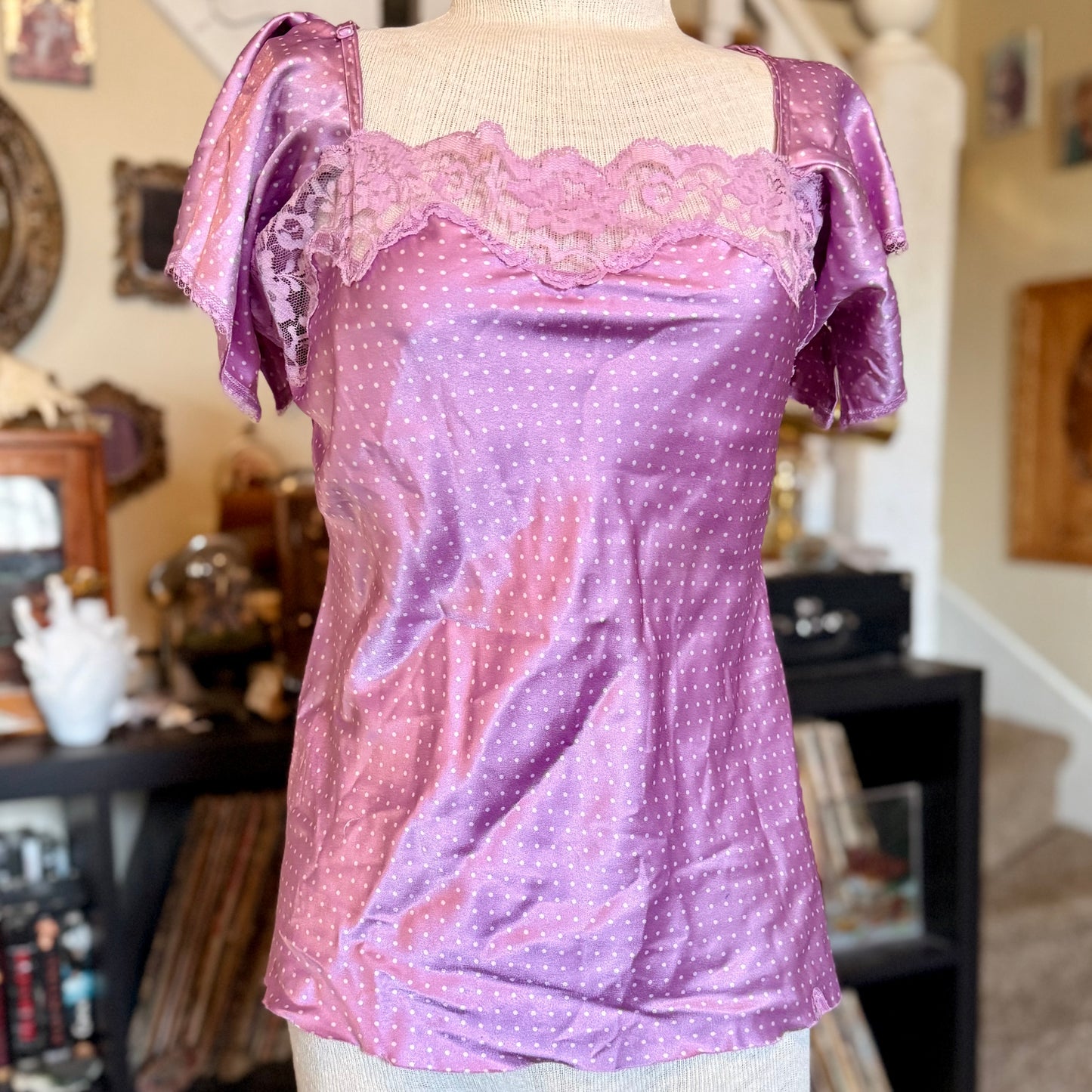 Vintage 2000s y2k Victoria’s Secret Angels Polka Dot Puff Sleeved Silk Shirt