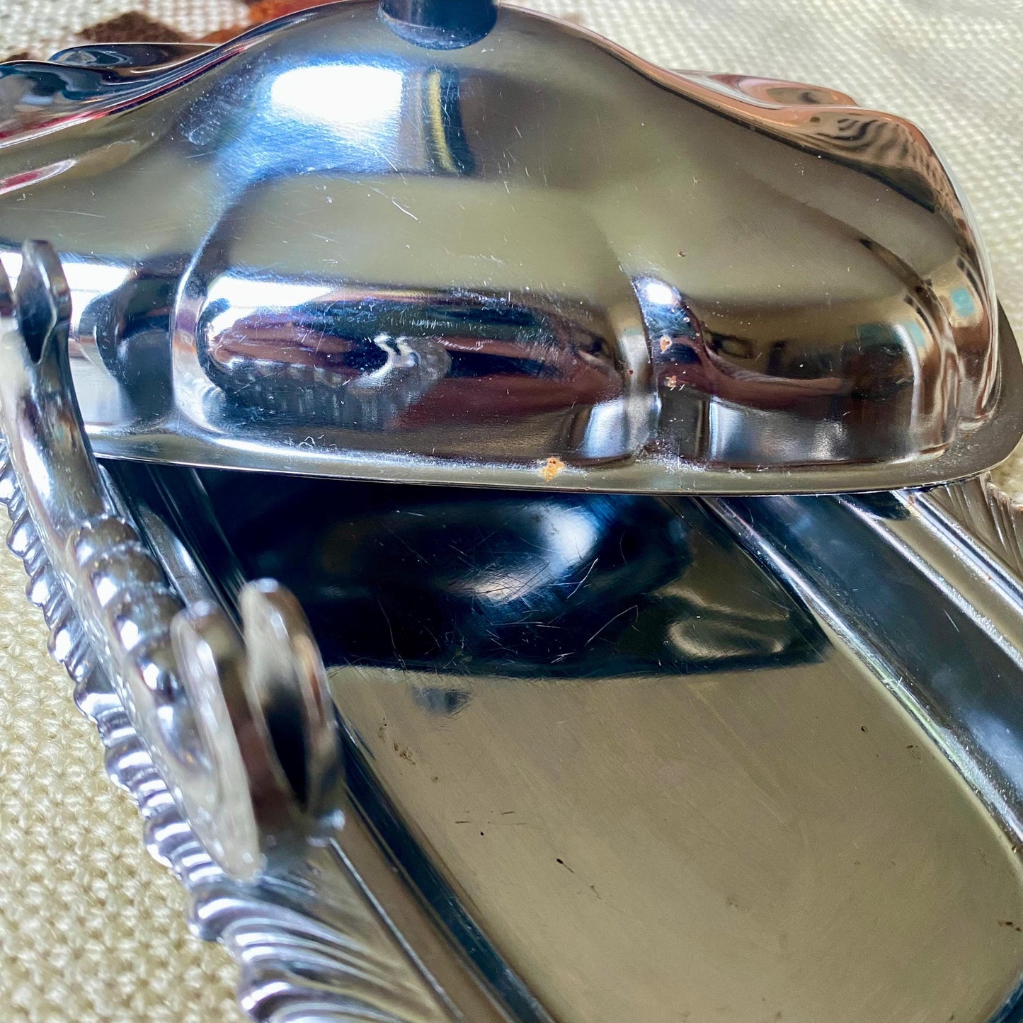 Vintage Chrome Ornate Butter Dish With Knife Holder