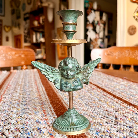 Vintage Brass and Copper Patinated Cherub Angel Candlestick Holder