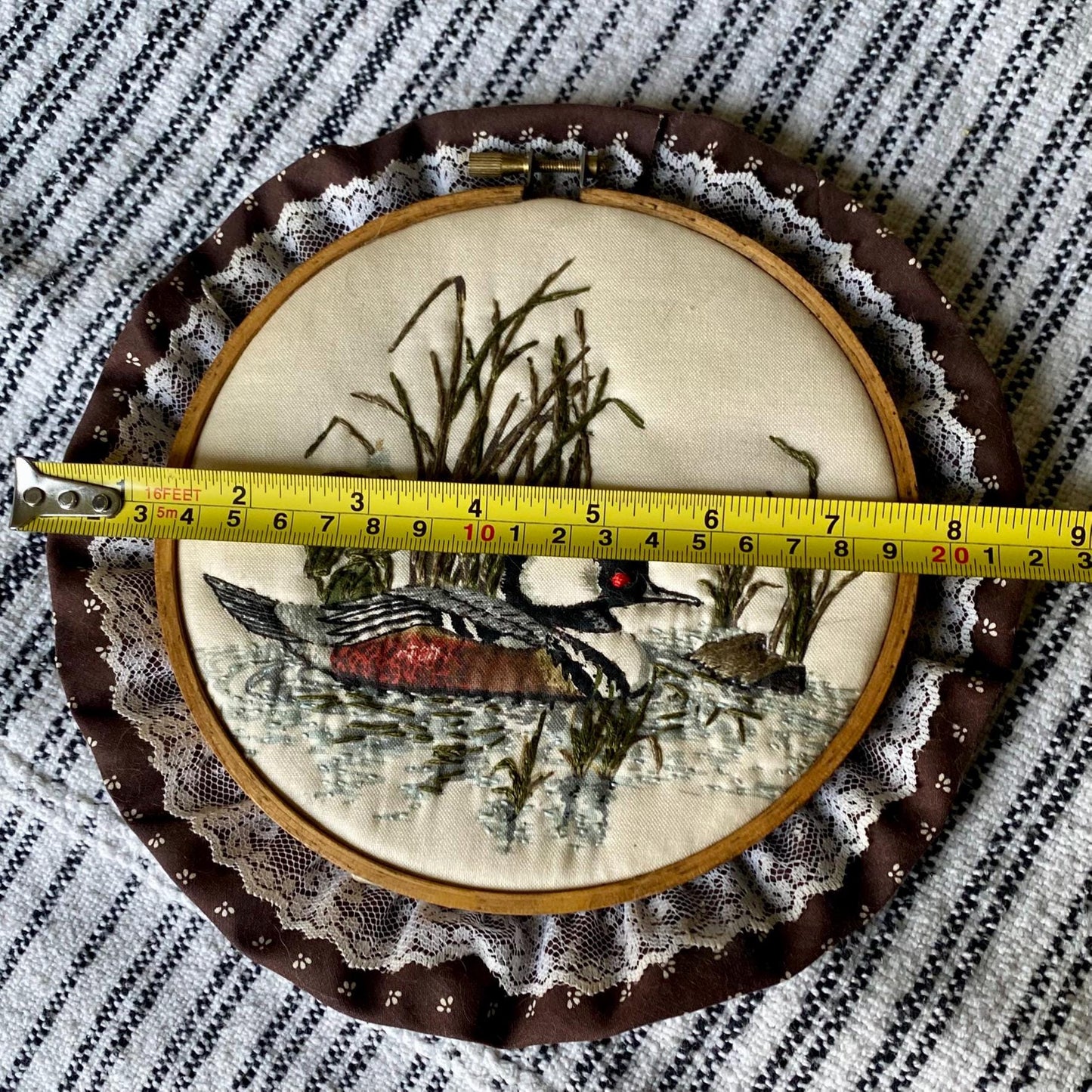 Vintage Duck Themed Hand Embroidered Hoop with Lace Trim