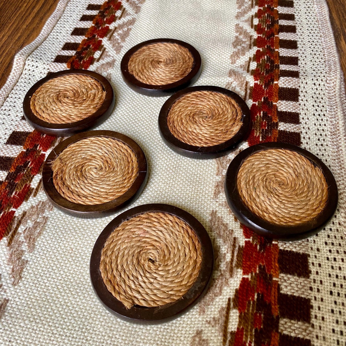 Set of 6 round Vintage Mid-Century Modern wood and jute coasters