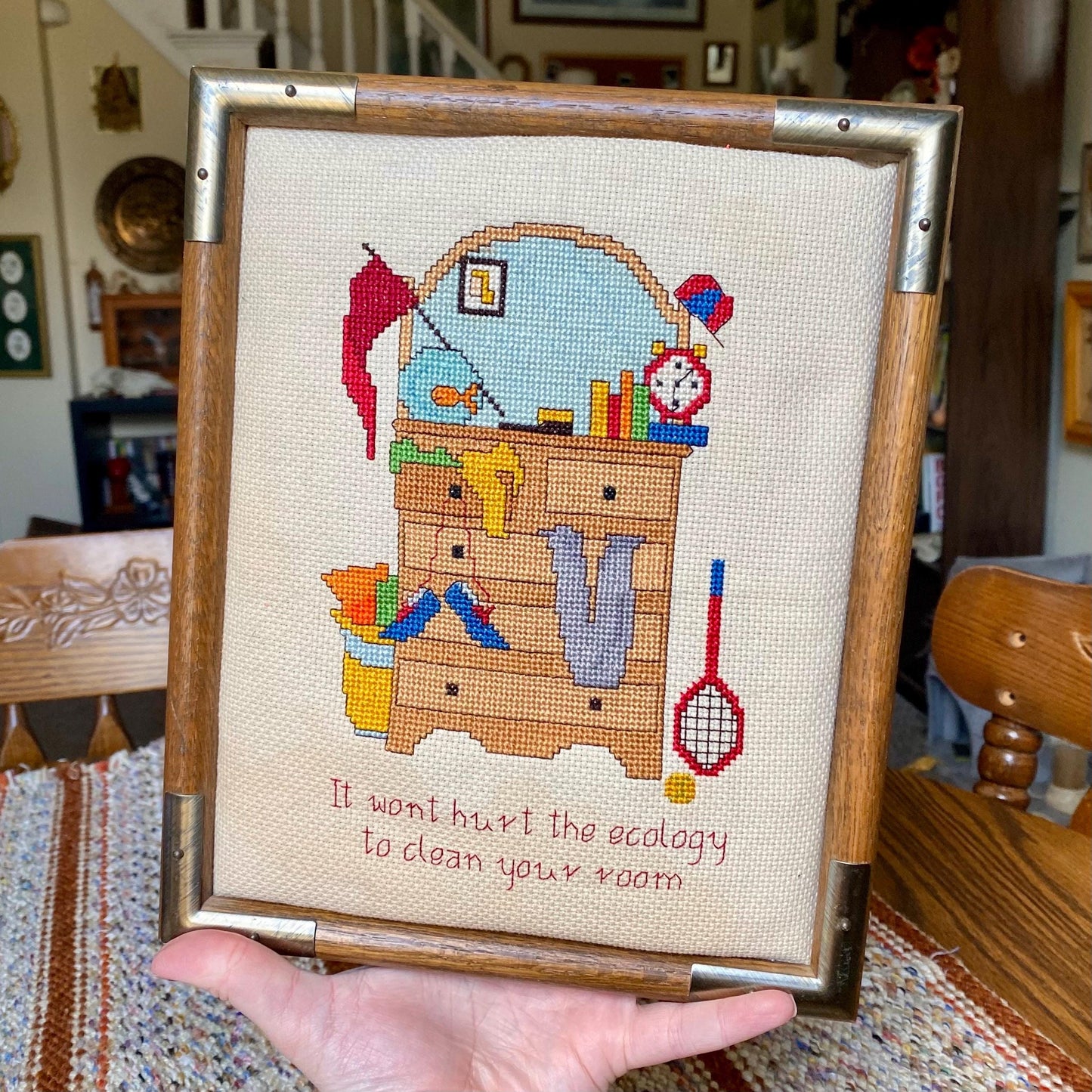 Vintage Messy Room Framed Needlepoint Cross Stitch - Clean Your Room