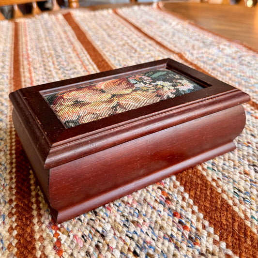 Vintage Wooden Jewelry Box w/ Inlaid Floral Tapestry and Removable Jewelry Tray