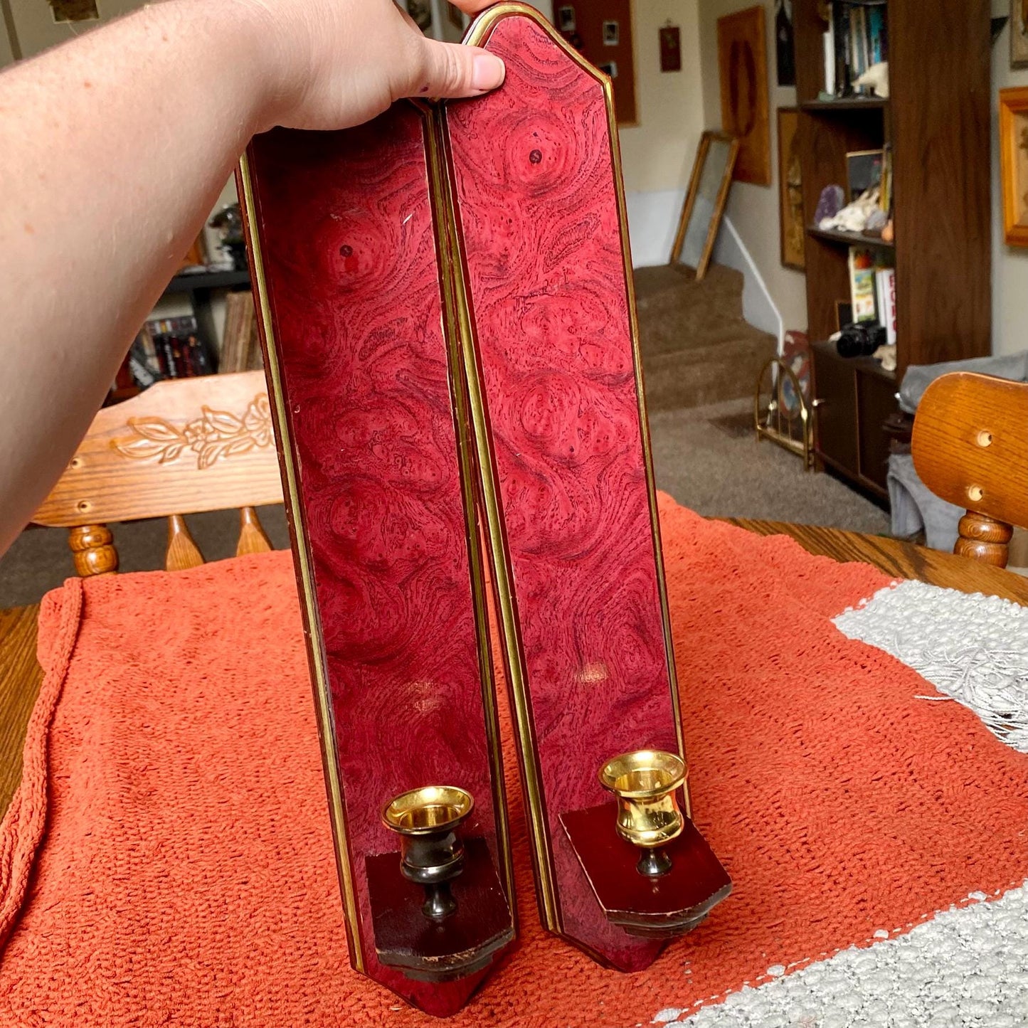 Set of Two Vintage Home Interiors Cherry Wood Wall Sconce / Candle Holders