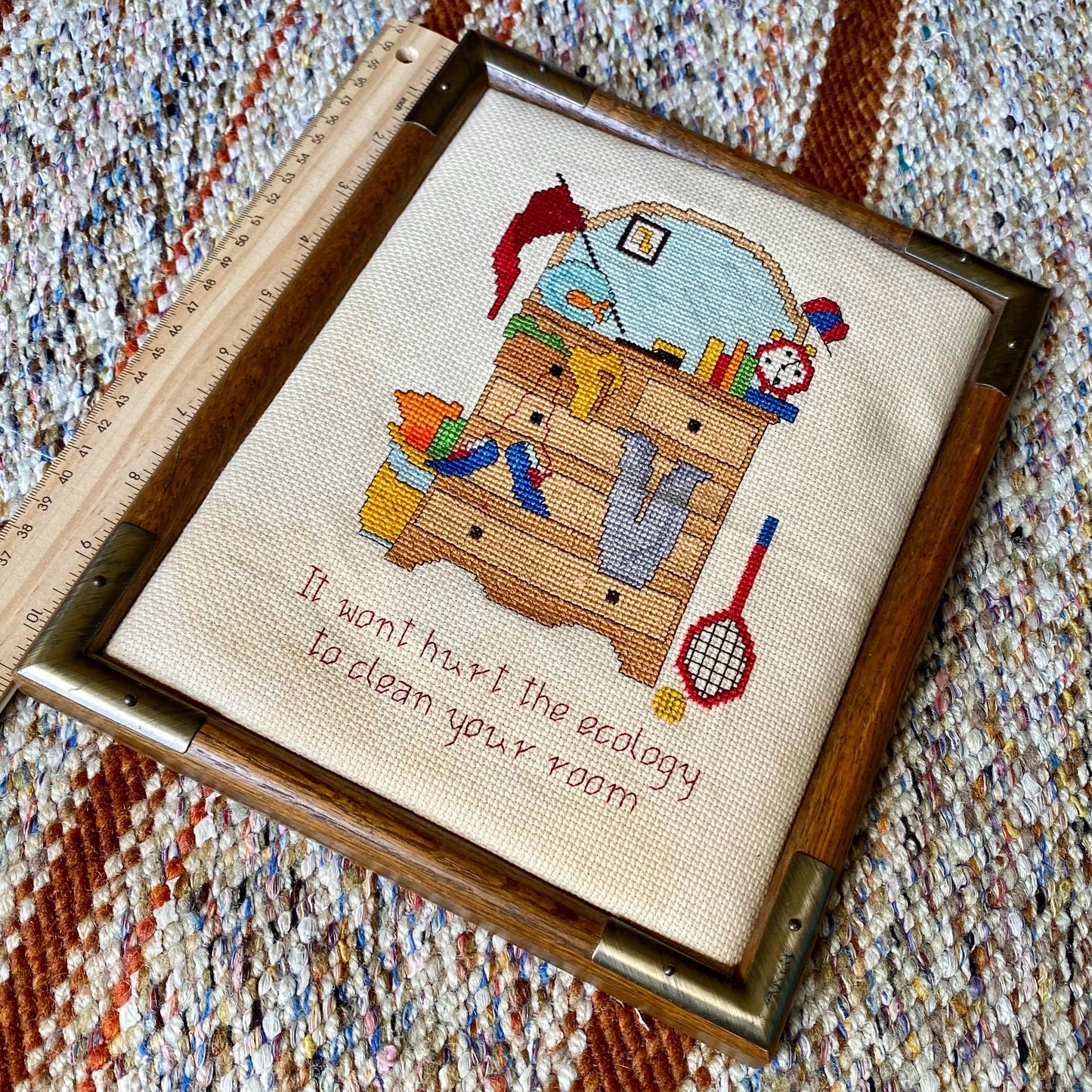 Vintage Messy Room Framed Needlepoint Cross Stitch - Clean Your Room