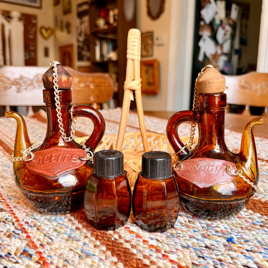 Vintage Spanish Amber Glass Oil and Vinegar Cruet Bottles with Salt and Pepper Shakers in Wicker Caddy