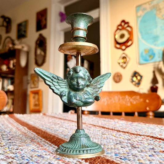 Vintage Brass and Copper Patinated Cherub Angel Candlestick Holder