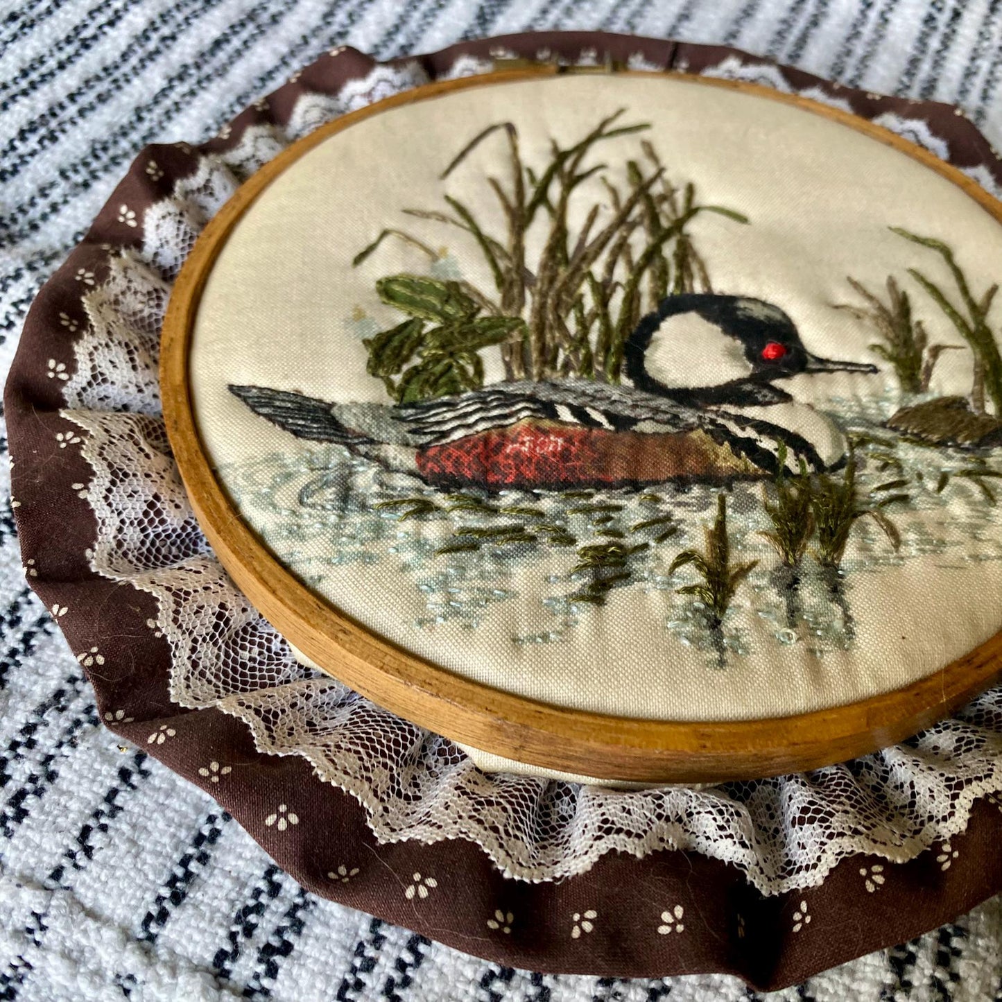 Vintage Duck Themed Hand Embroidered Hoop with Lace Trim