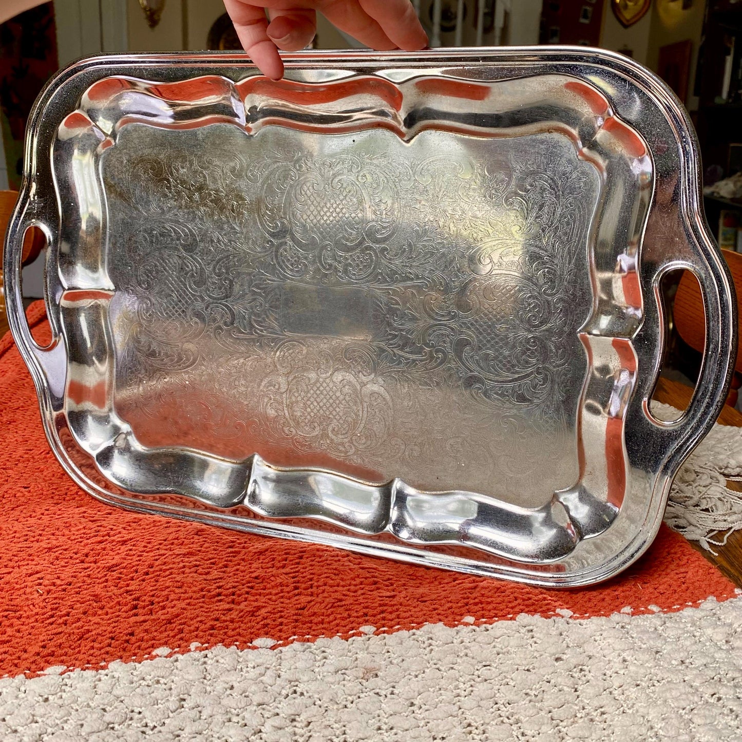 Vintage Irvingware Chrome-Plated Tray with Handles – Ornate Engraved Serving / Trinket Tray