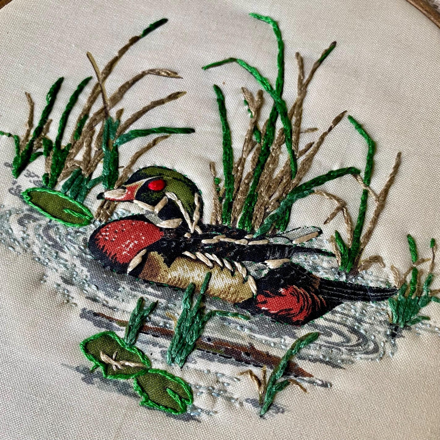 Vintage Duck Themed Hand Embroidered Hoop with Lace Trim