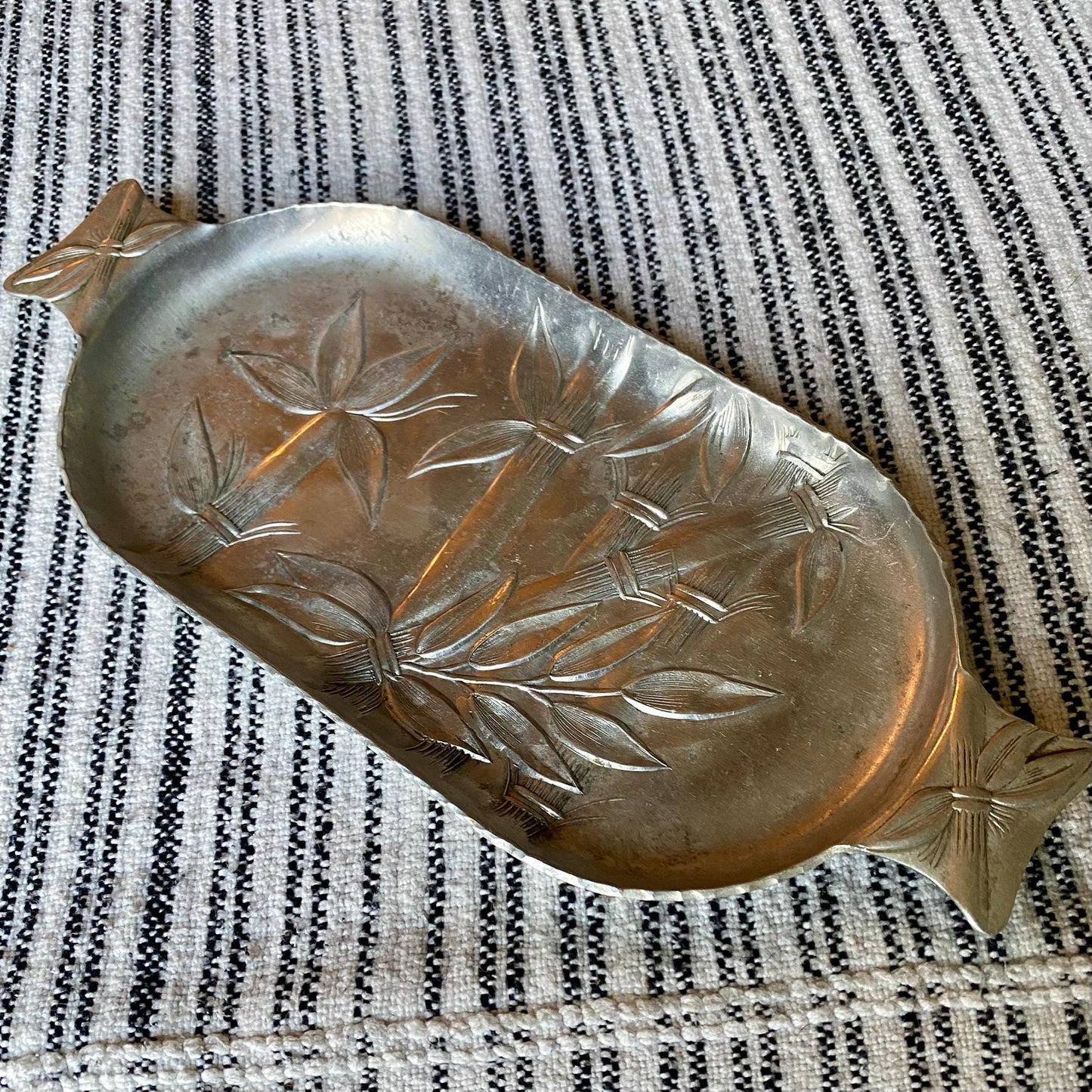 Vintage Bamboo Hand Forged Everlast Metal Aluminum Trinket Tray with Handles