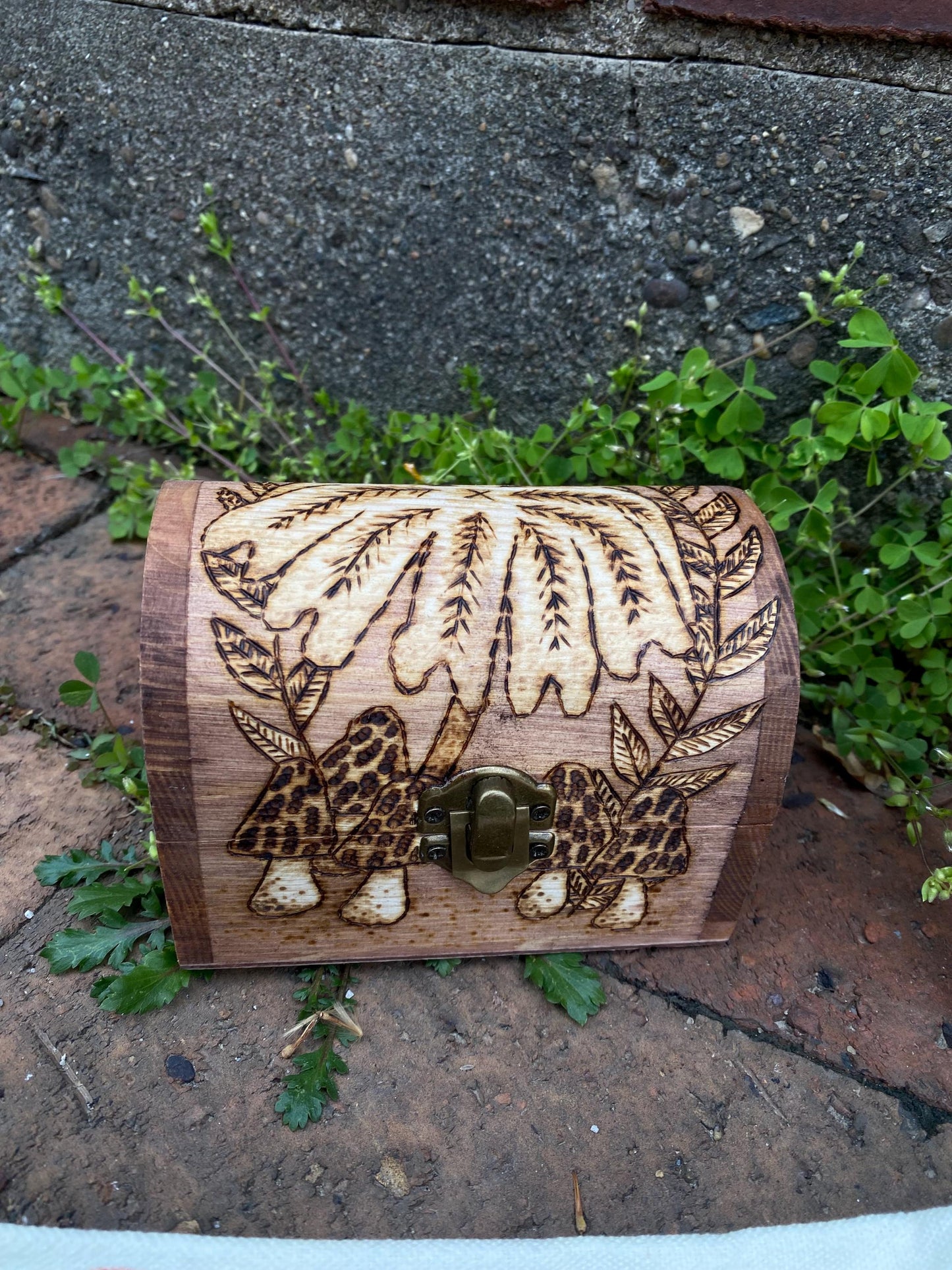 4.7x3.5x3.1” Mushroom Themed Woodburned Treasure Chest