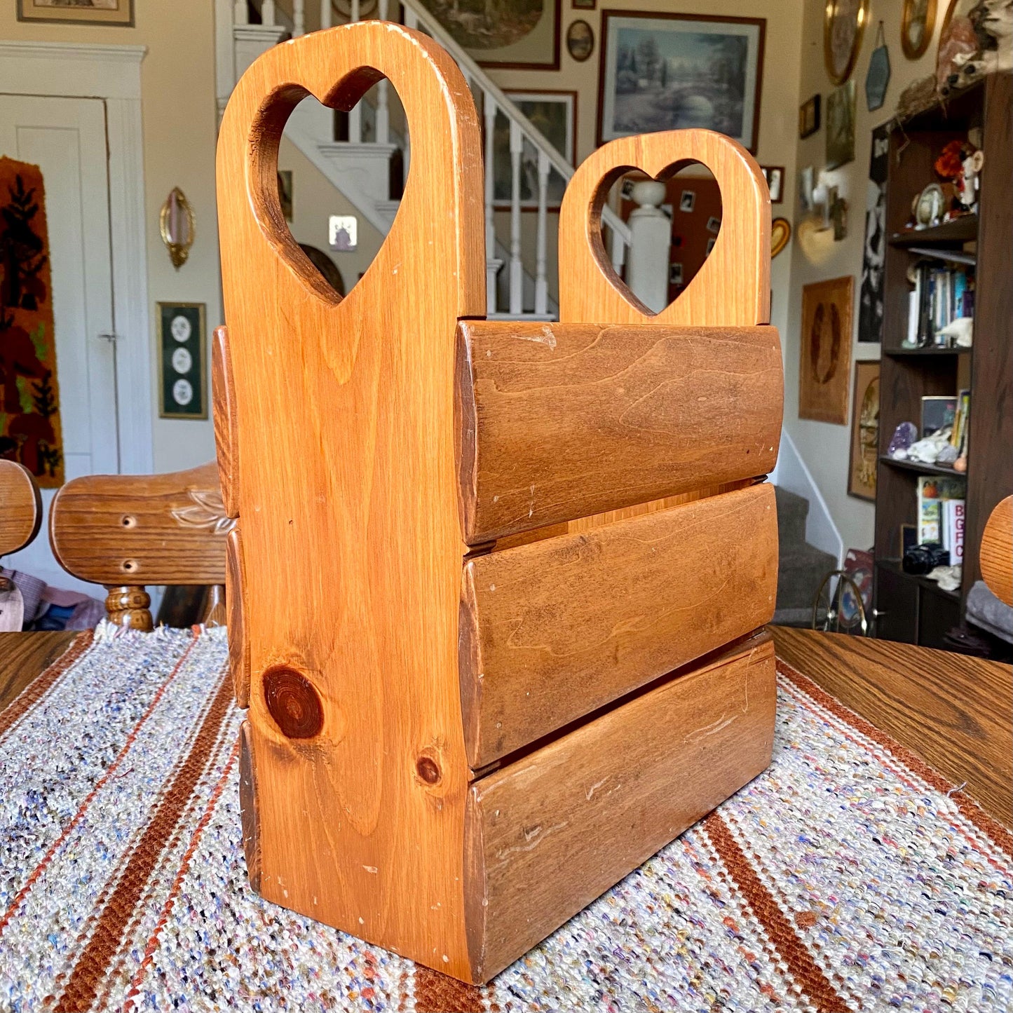 Handmade Vintage Solid Wood Magazine Holder with Heart Cut Outs
