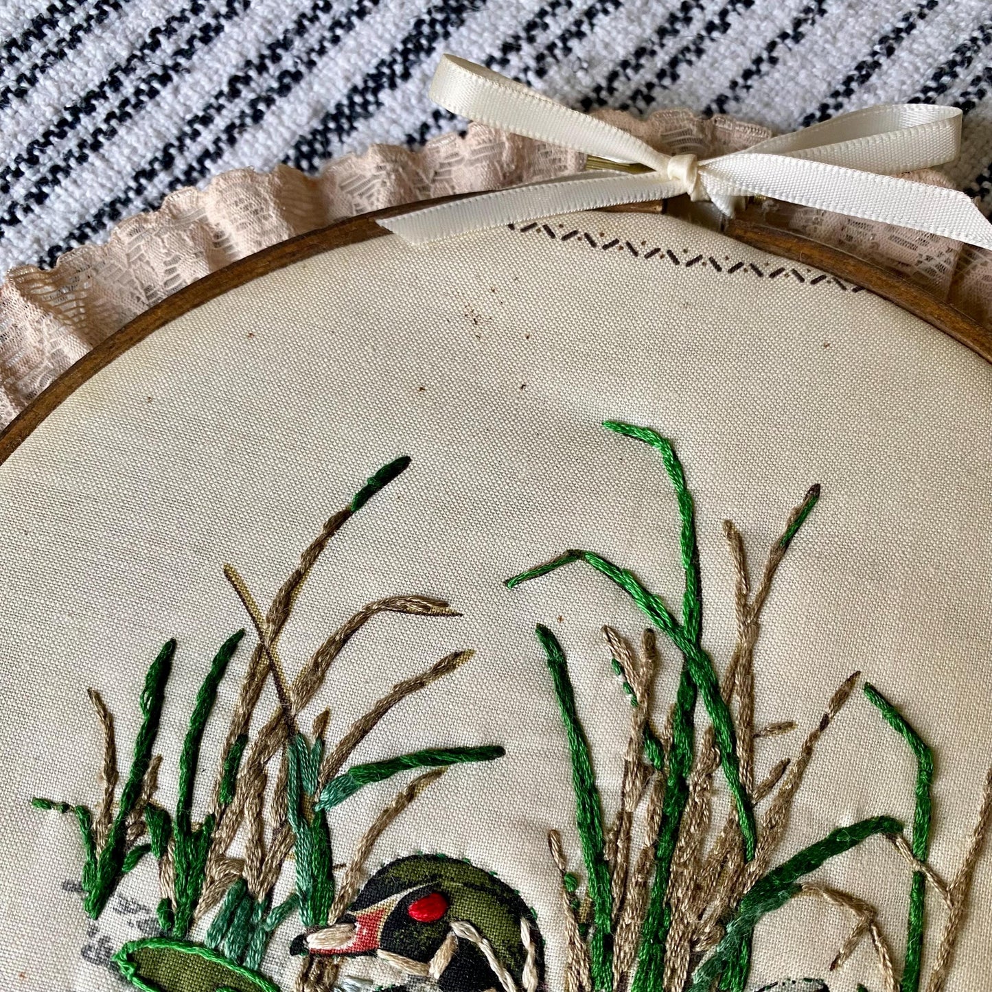 Vintage Duck Themed Hand Embroidered Hoop with Lace Trim