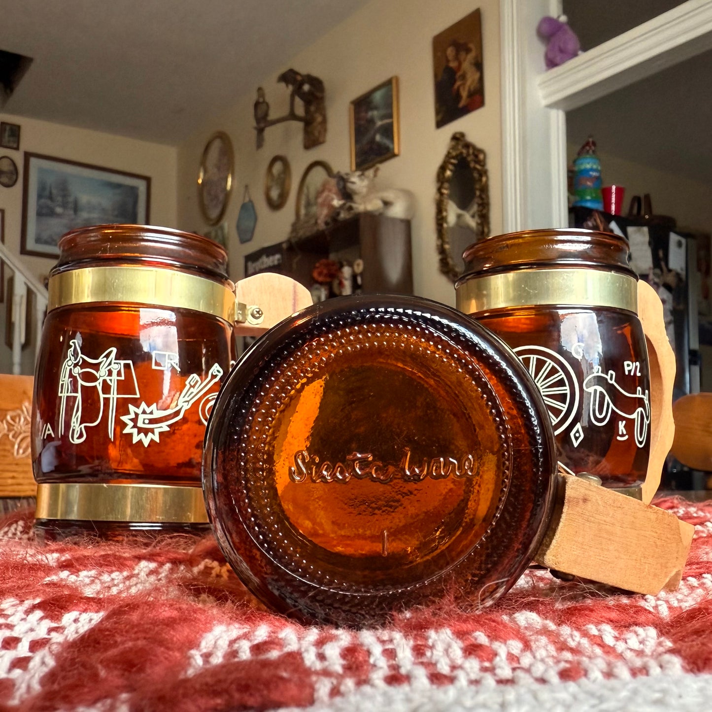 Set of Three Vintage Siesta Ware Cowboy Western Themed Barrel Mugs
