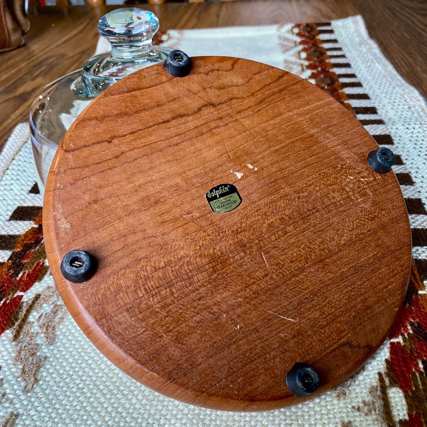 Vintage Dolphin Danish Modern Teak Wood Cheeseball Serving Tray with Glass Cover