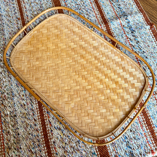 ONE - Vintage Mid-Century Modern Woven Bamboo Basket Serving / Trinket Tray
