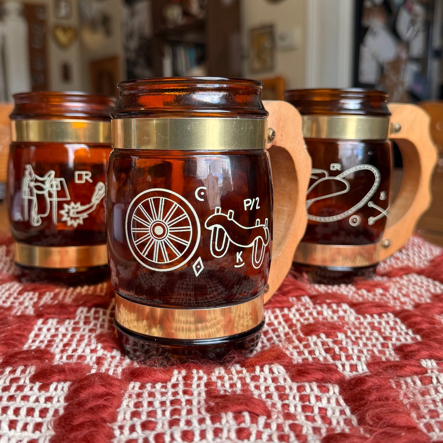 Set of Three Vintage Siesta Ware Cowboy Western Themed Barrel Mugs