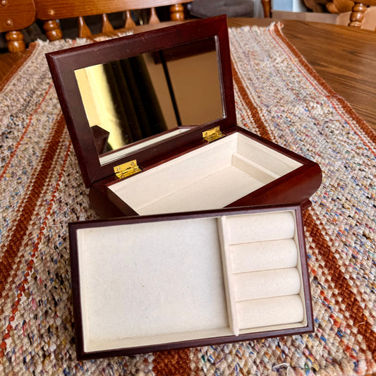 Vintage Wooden Jewelry Box w/ Inlaid Floral Tapestry and Removable Jewelry Tray
