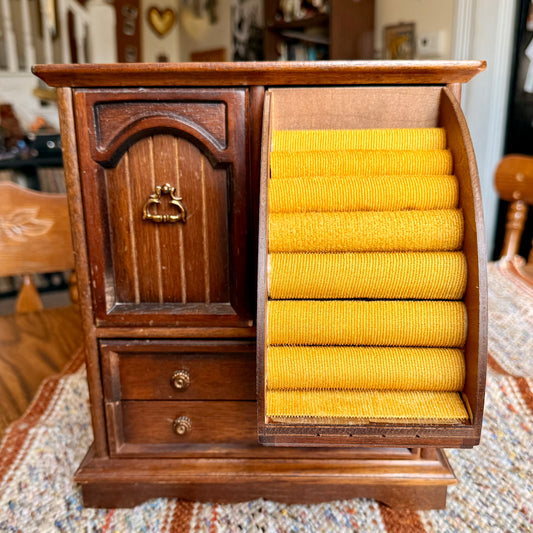 Vintage Wooden Armoire Music Box Jewelry Box with Brass Handles