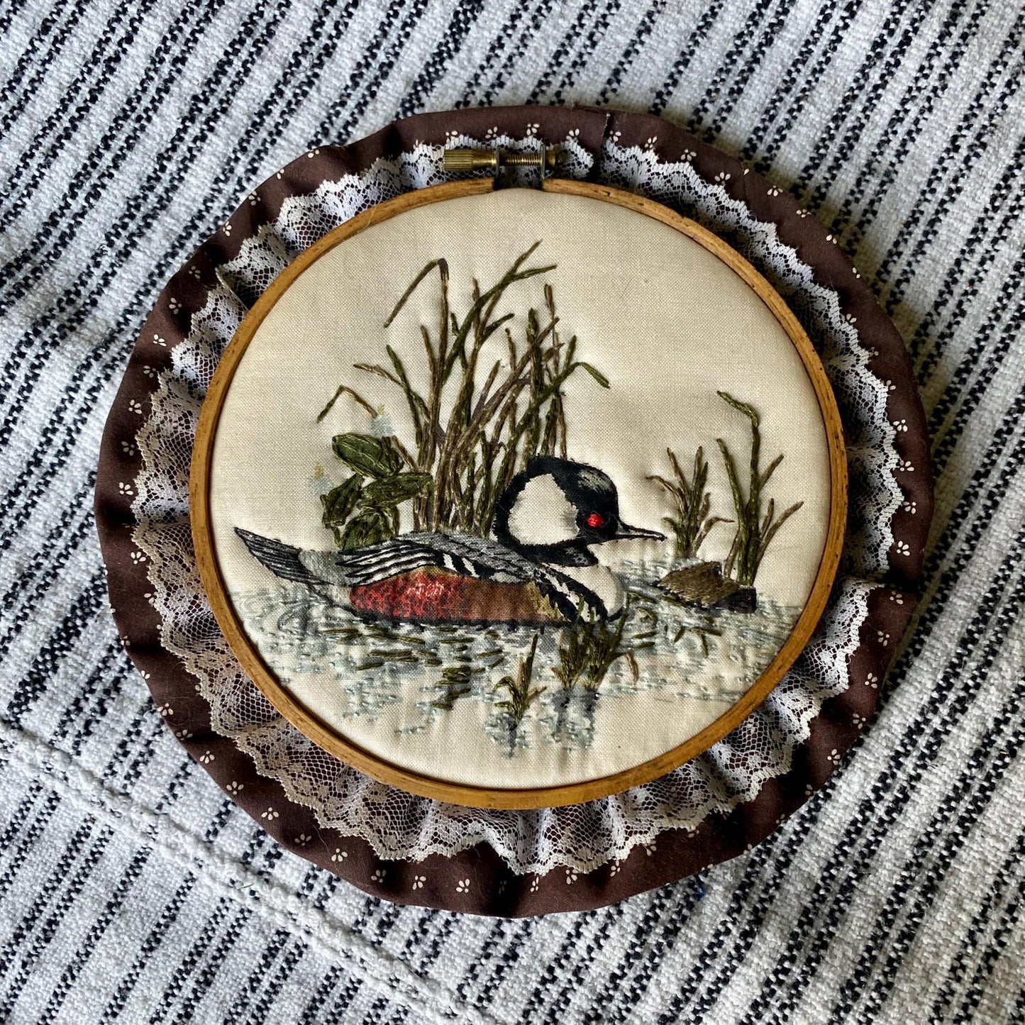 Vintage Duck Themed Hand Embroidered Hoop with Lace Trim