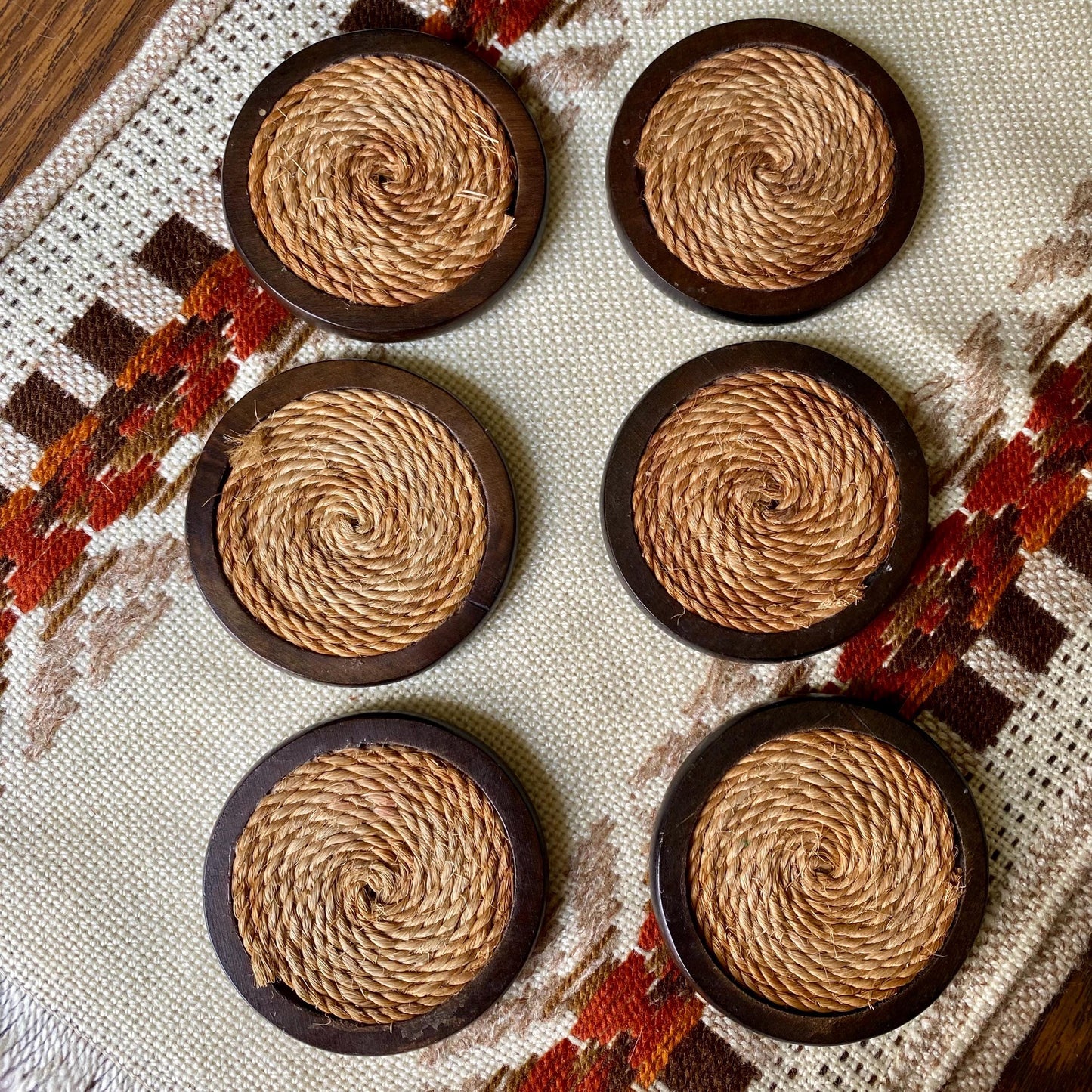 Set of 6 round Vintage Mid-Century Modern wood and jute coasters