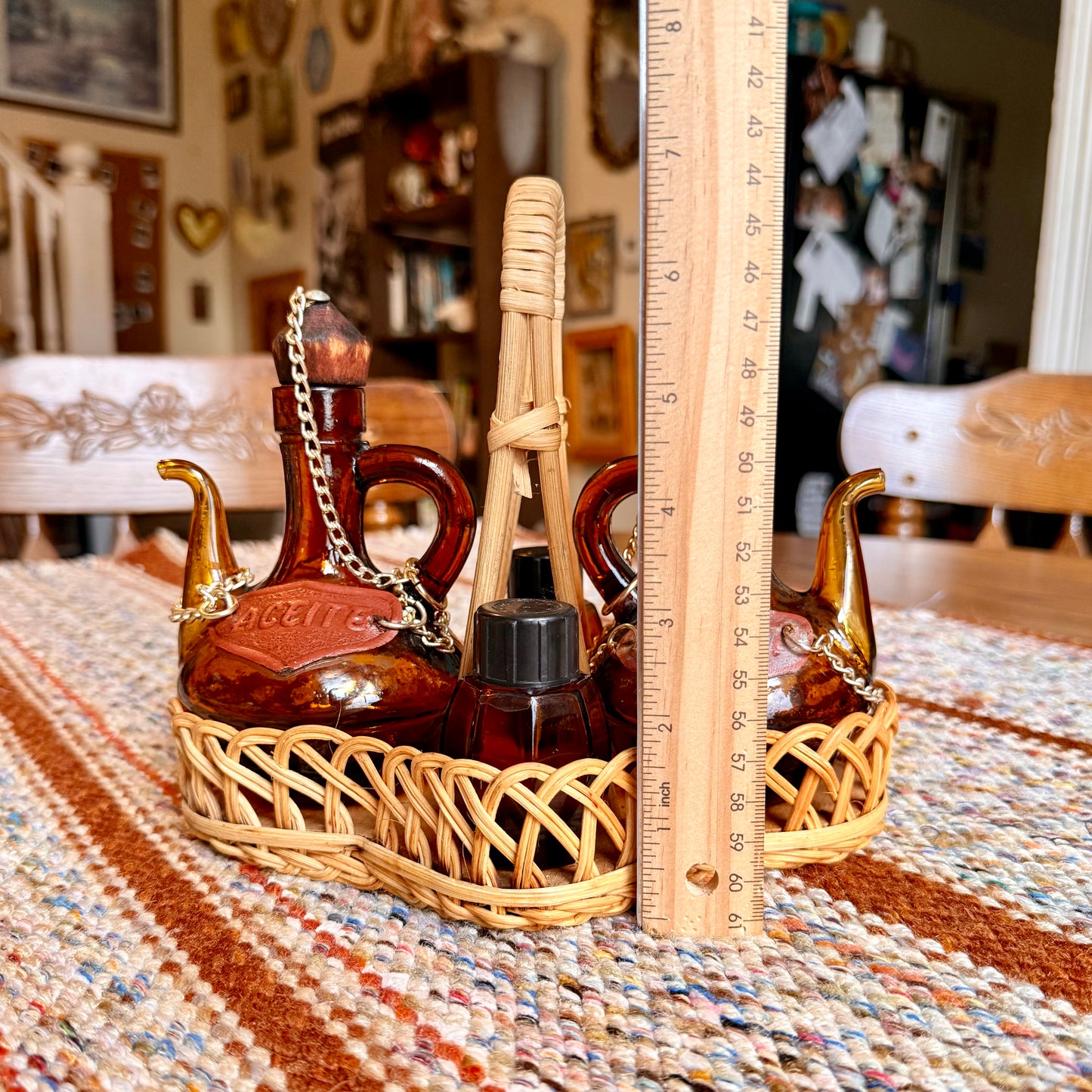 Vintage Spanish Amber Glass Oil and Vinegar Cruet Bottles with Salt and Pepper Shakers in Wicker Caddy