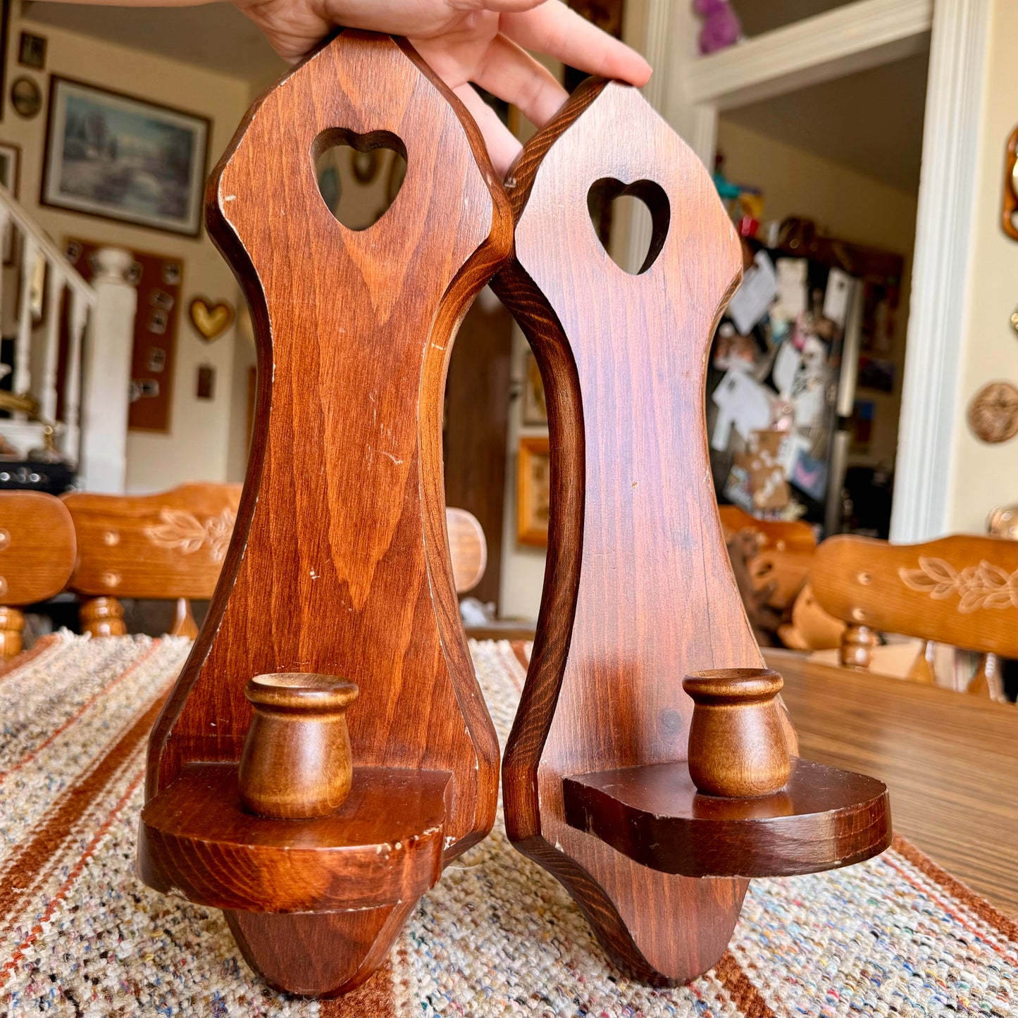 Handmade Vintage Heart Cutout Primitive Wooden Candlestick Holders