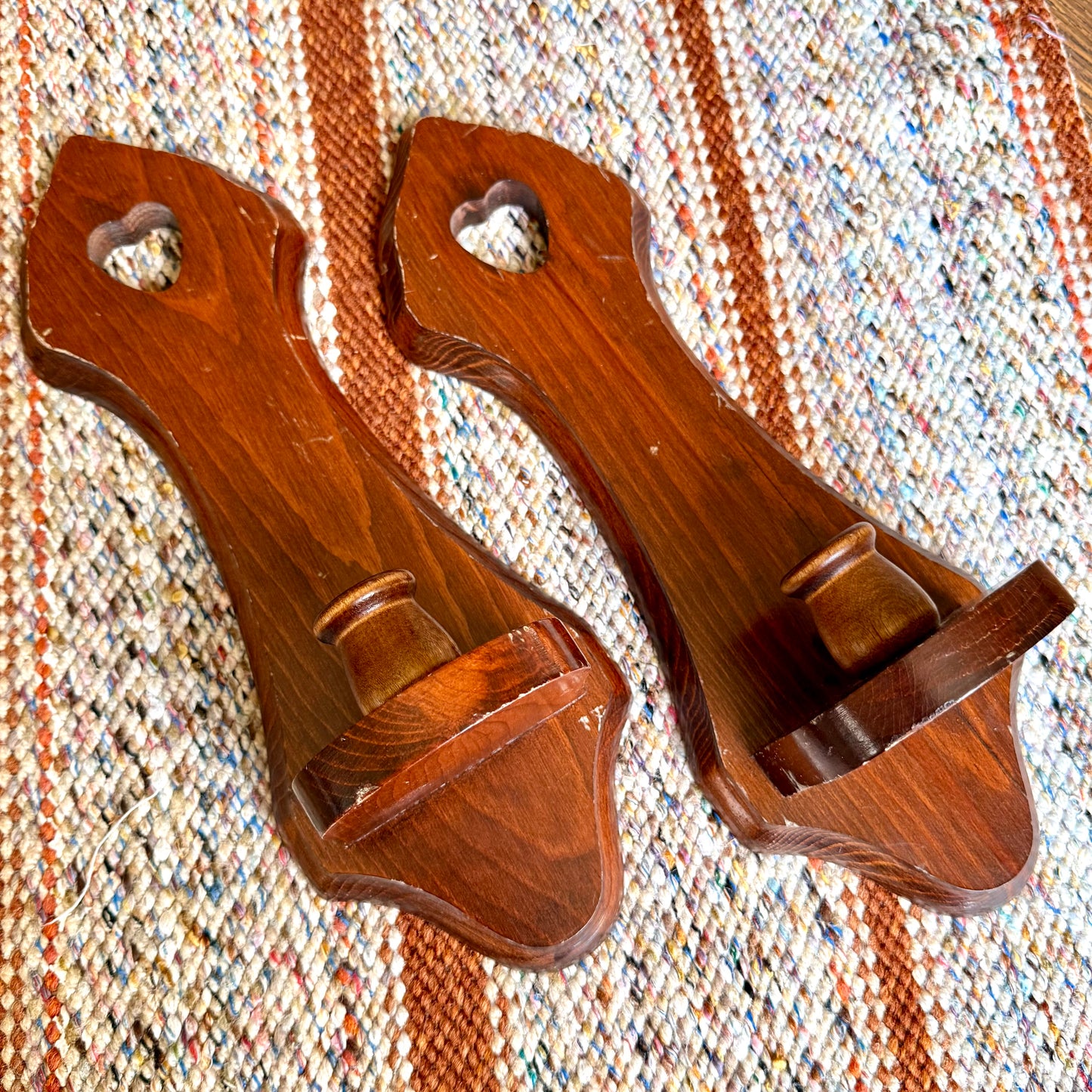 Handmade Vintage Heart Cutout Primitive Wooden Candlestick Holders