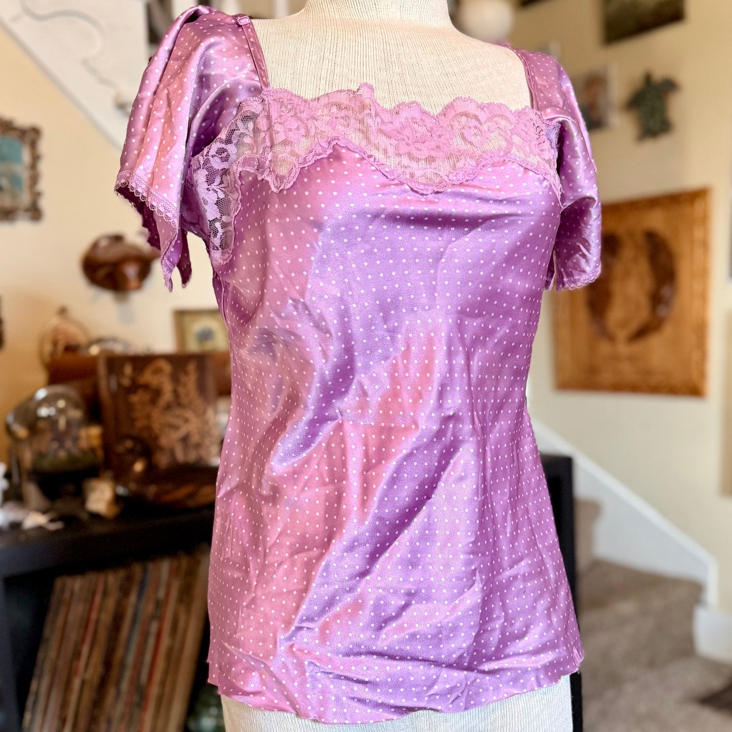 Vintage 2000s y2k Victoria’s Secret Angels Polka Dot Puff Sleeved Silk Shirt