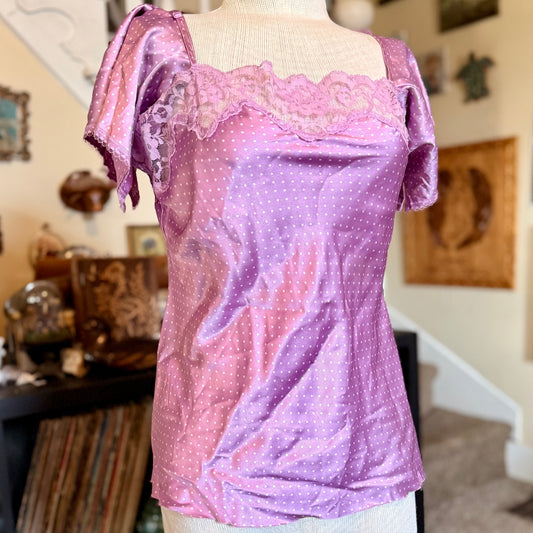 Vintage 2000s y2k Victoria’s Secret Angels Polka Dot Puff Sleeved Silk Shirt