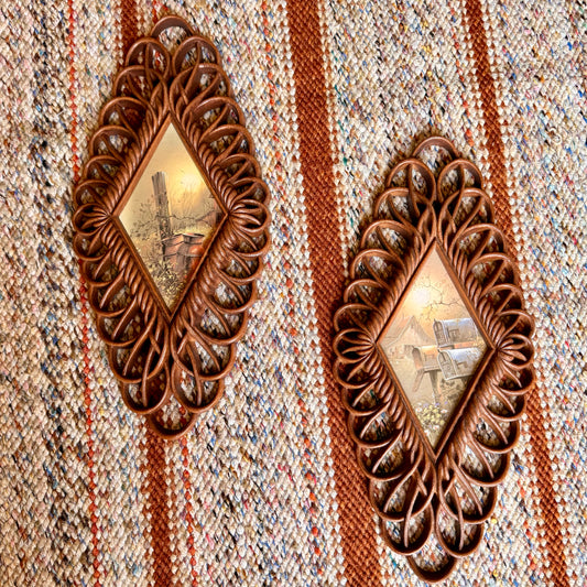 Vintage Burwood Faux Wicker MCM Diamond Farmhouse Country Paintings