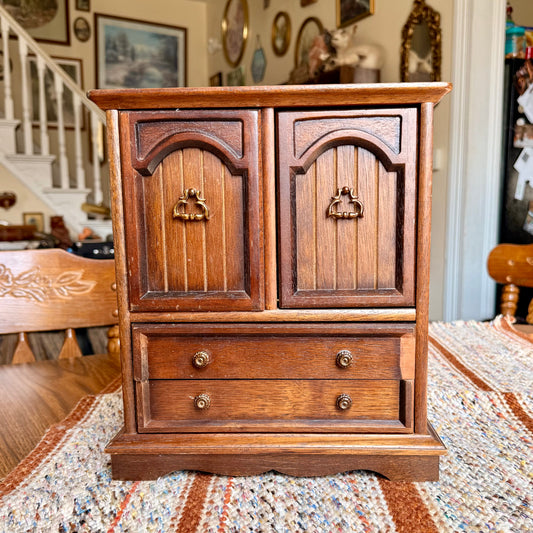 Vintage Wooden Armoire Music Box Jewelry Box with Brass Handles