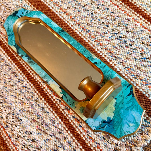 Vintage Gold and Floral Turquoise Homco / Burwood Style Wall Sconce Mirror