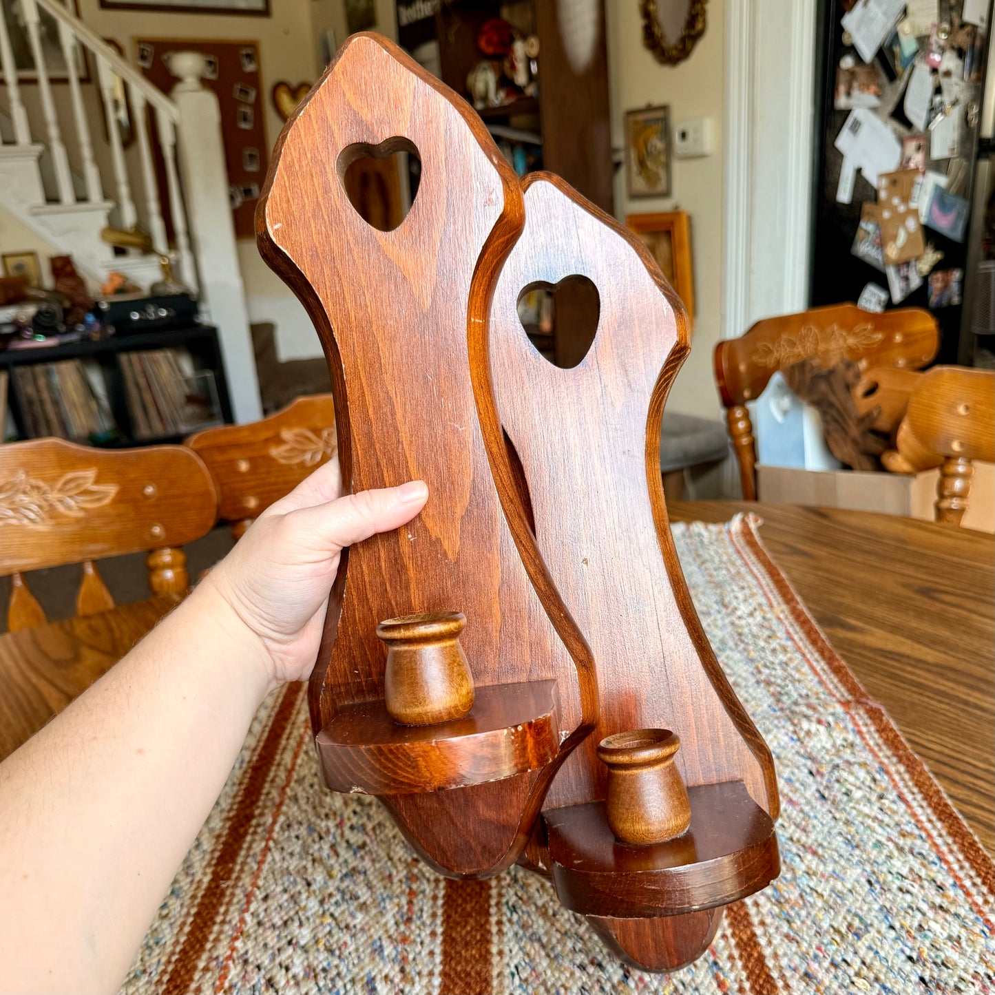 Handmade Vintage Heart Cutout Primitive Wooden Candlestick Holders