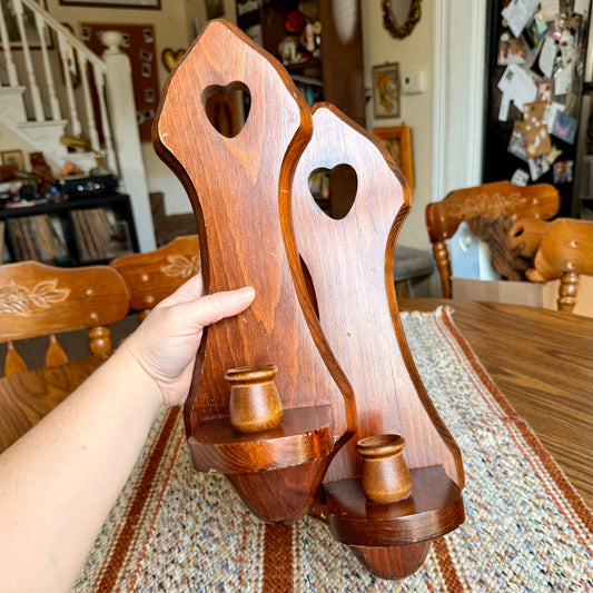 Handmade Vintage Heart Cutout Primitive Wooden Candlestick Holders