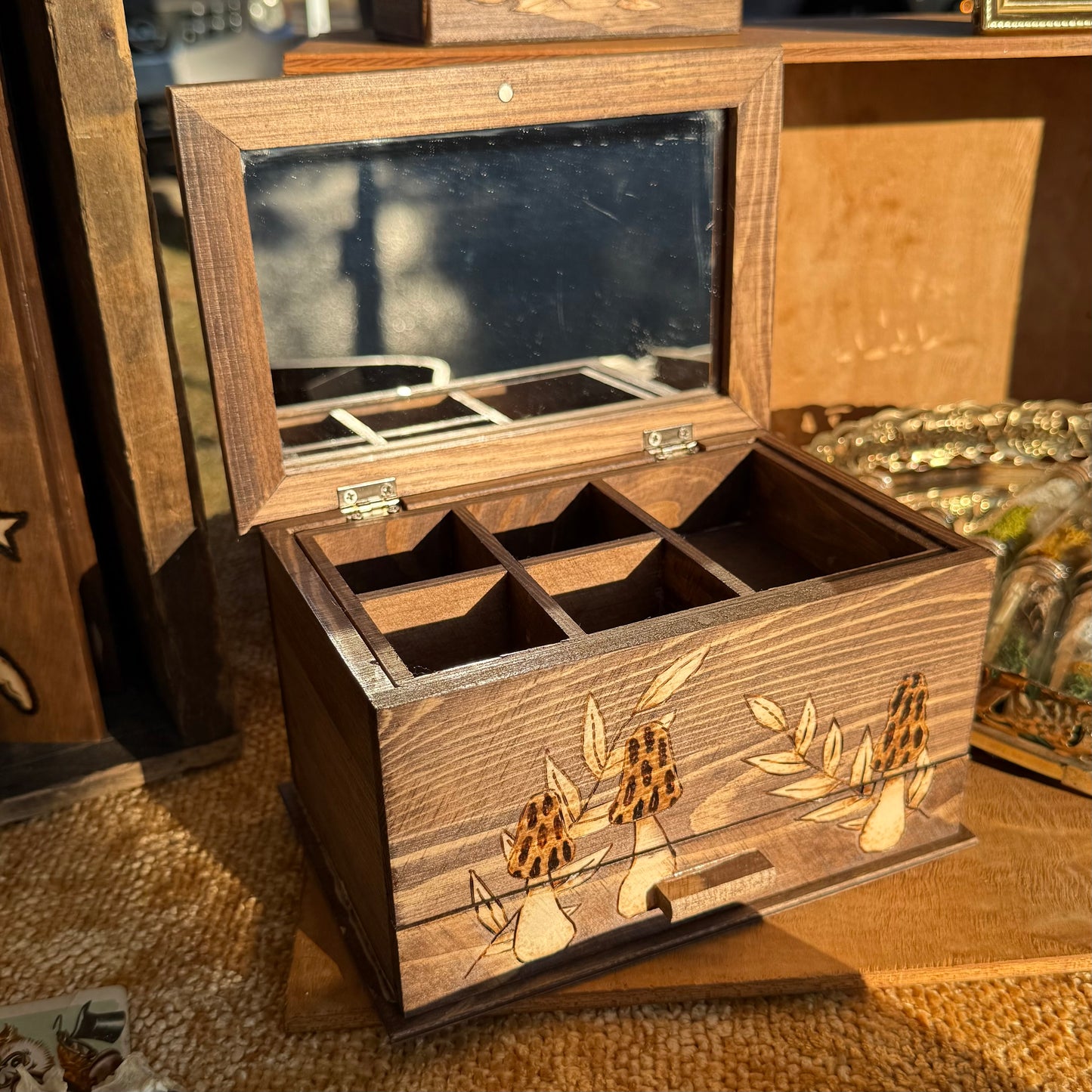 Hand Woodburned and Stained Morel Mushroom Themed Jewelry Box