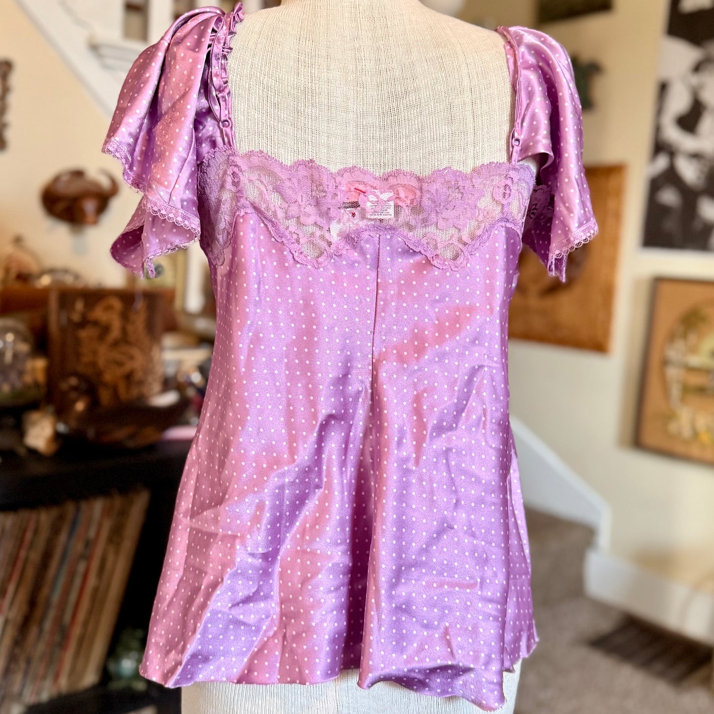 Vintage 2000s y2k Victoria’s Secret Angels Polka Dot Puff Sleeved Silk Shirt