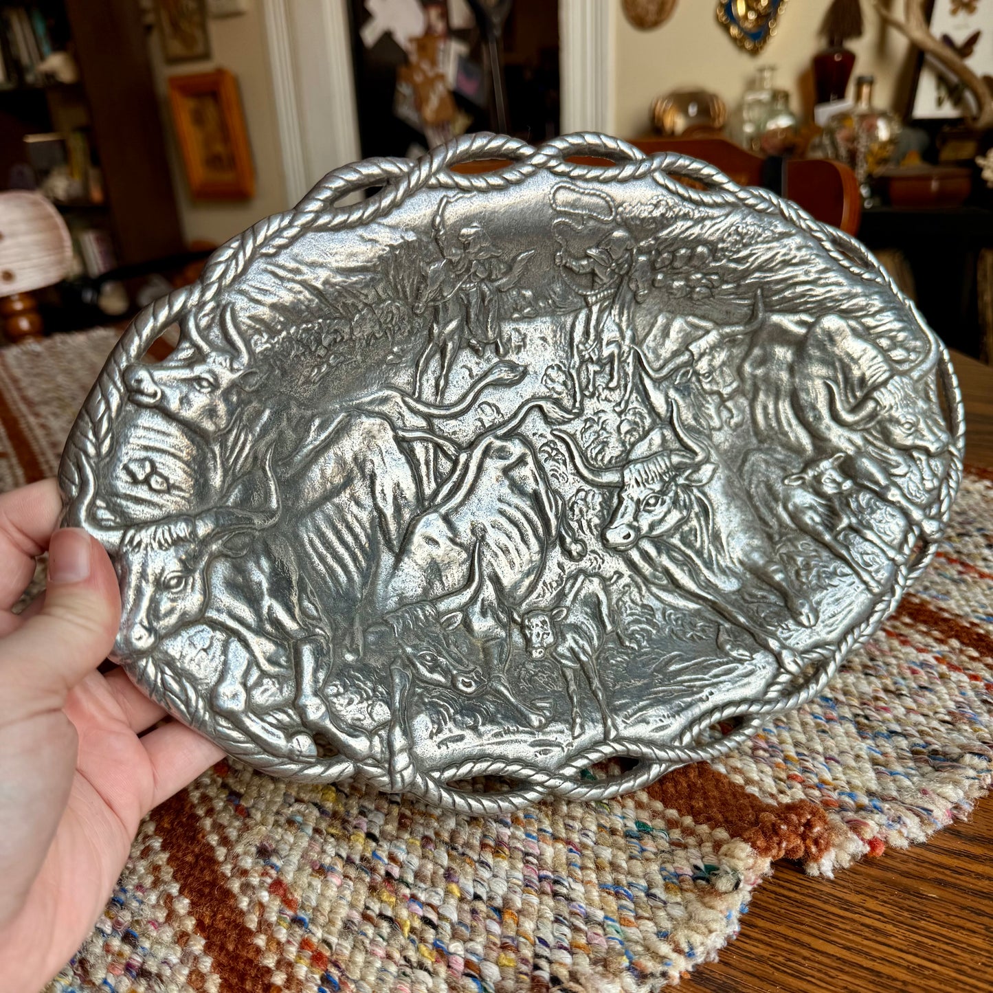 1993 Arthur Court Aluminum Longhorn Cowboy Western Platter