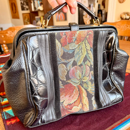 Vintage 70s/80s Bonjour Hangbag with Black Textured Leather and Inlaid Floral Tapestry Design