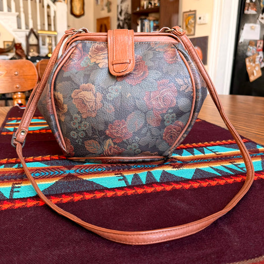 Vintage Floral Rose Patterned Purse with Brown Leather Trim
