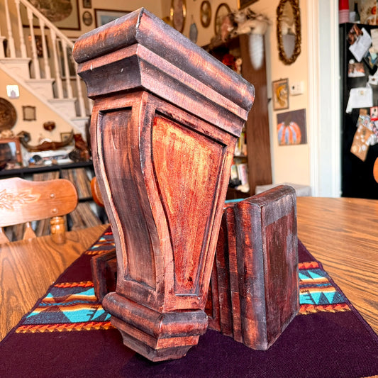 Set of Two Large Vintage Distressed Heavy Wooden Corbels