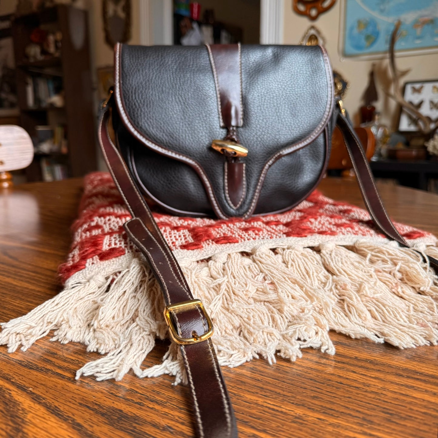 Vintage Leather Crossbody Bag w/ Brass Hardware and Matching Keychain