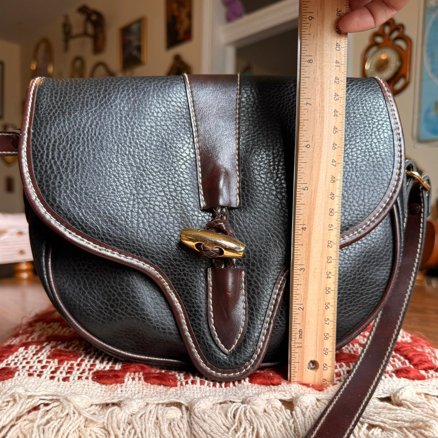 Vintage Leather Crossbody Bag w/ Brass Hardware and Matching Keychain