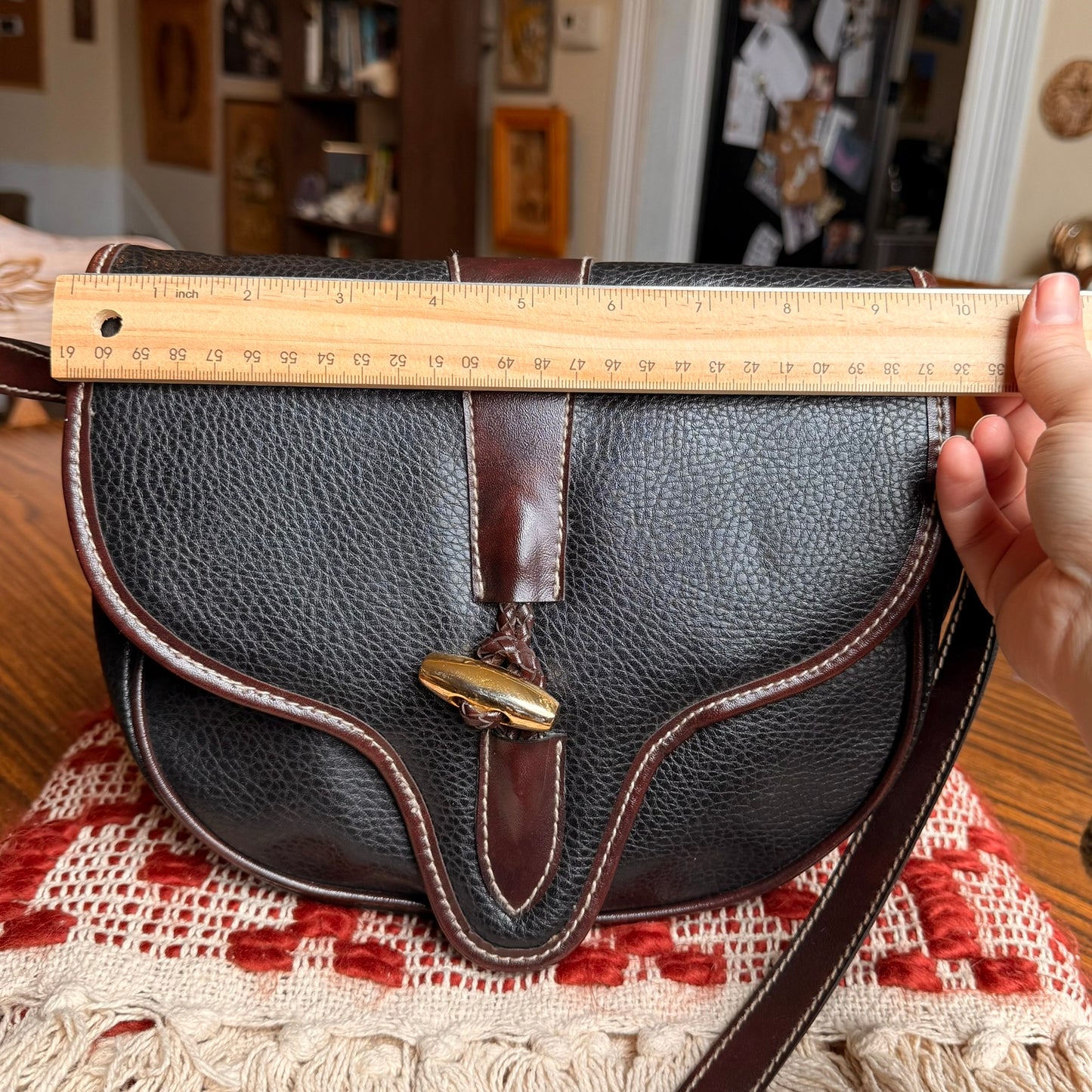 Vintage Leather Crossbody Bag w/ Brass Hardware and Matching Keychain